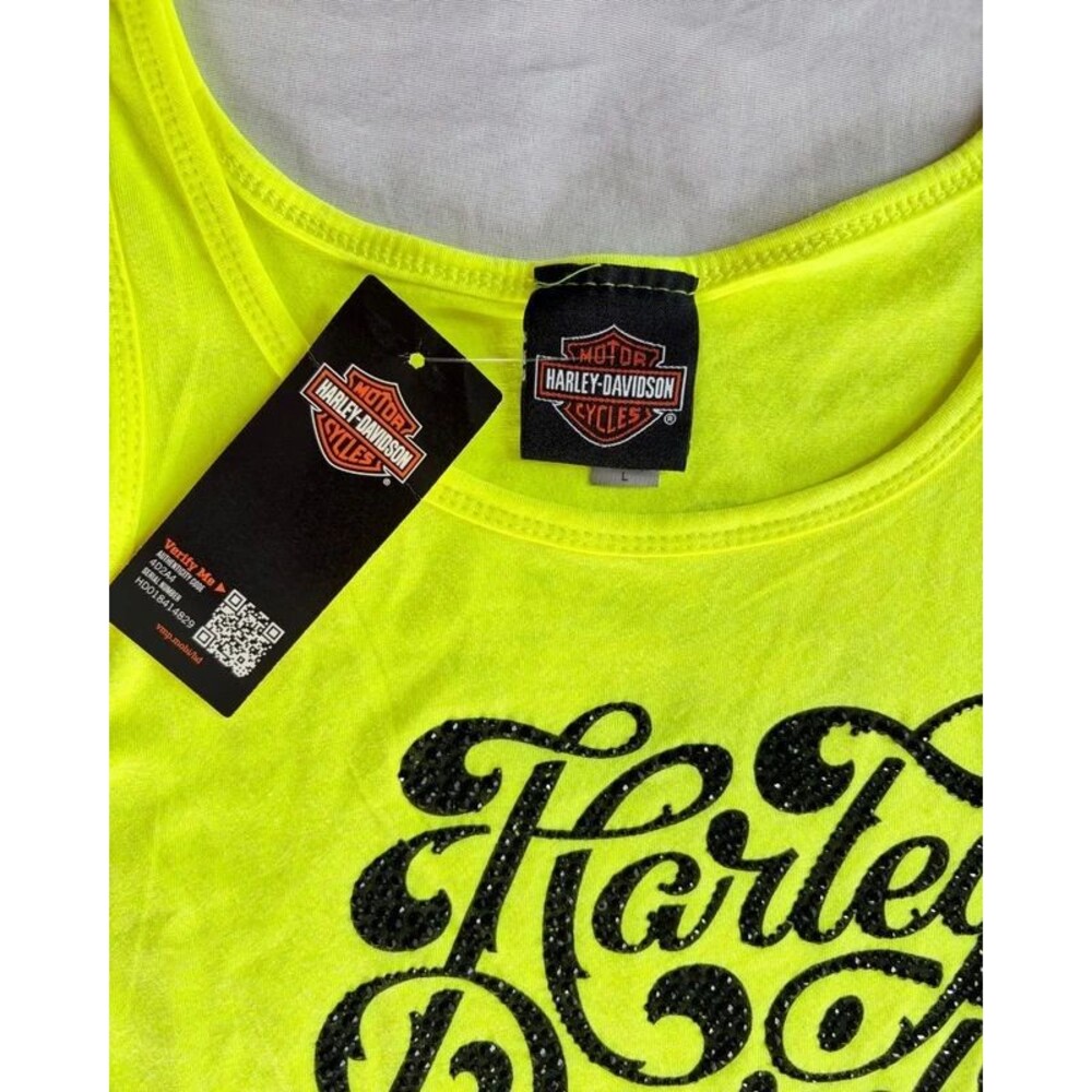 Harley Davidson Womens Tank XL Neon Yellow Black Rhinestone El Paso Texas NWT - Picture 2 of 5